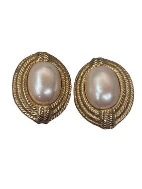 Givenchy Vintage Gold Tone Clip On Earrings Oval Faux Pearl Center Rope Detail